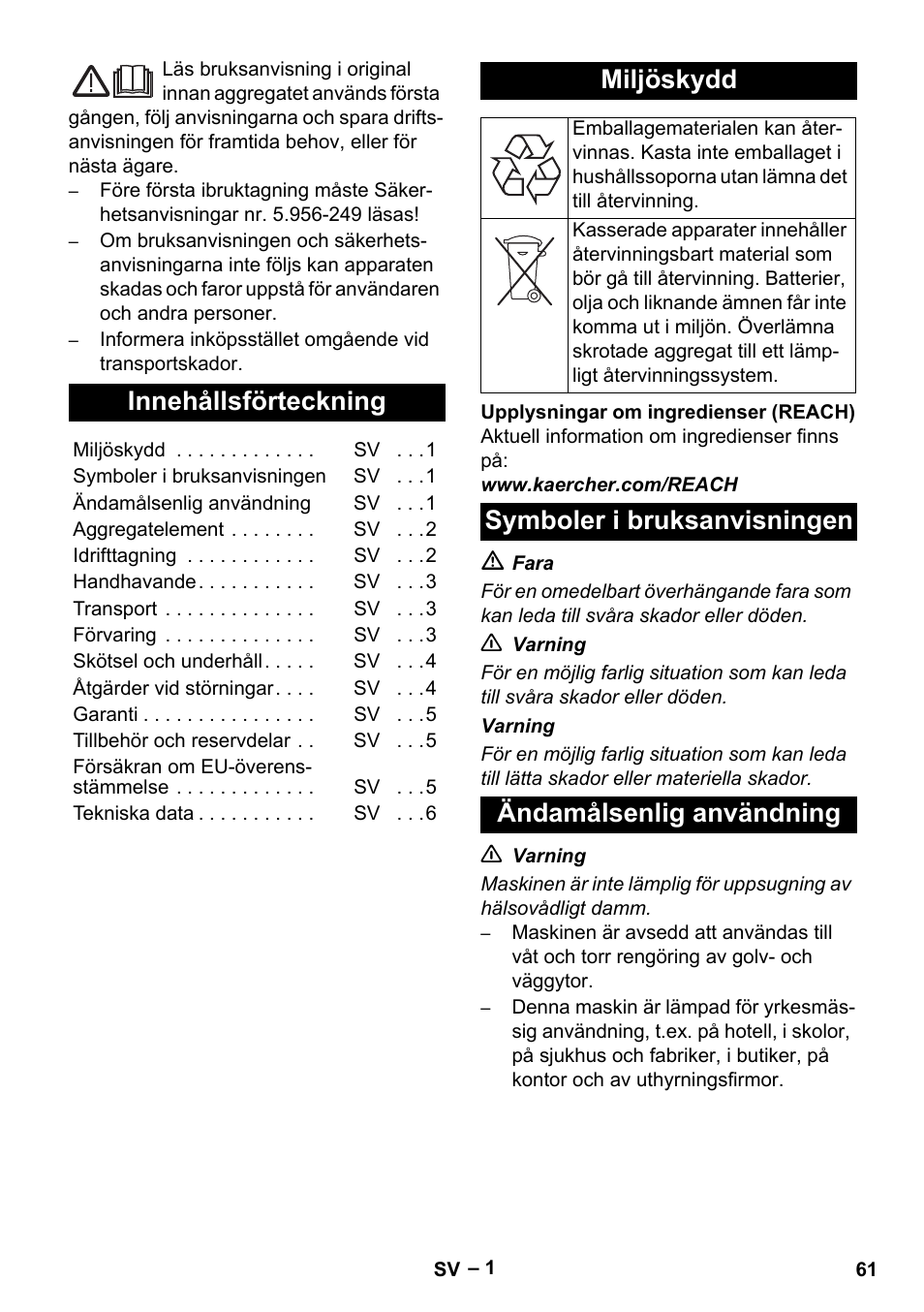 Svenska, Innehållsförteckning, Miljöskydd | Karcher NT 65-2 Ap EU User Manual | Page 61 / 180
