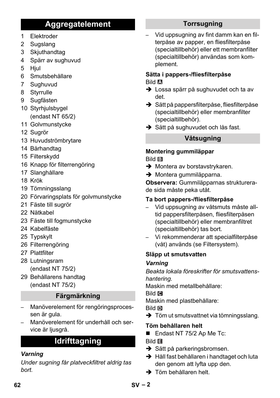 Aggregatelement, Idrifttagning | Karcher NT 65-2 Ap EU User Manual | Page 62 / 180