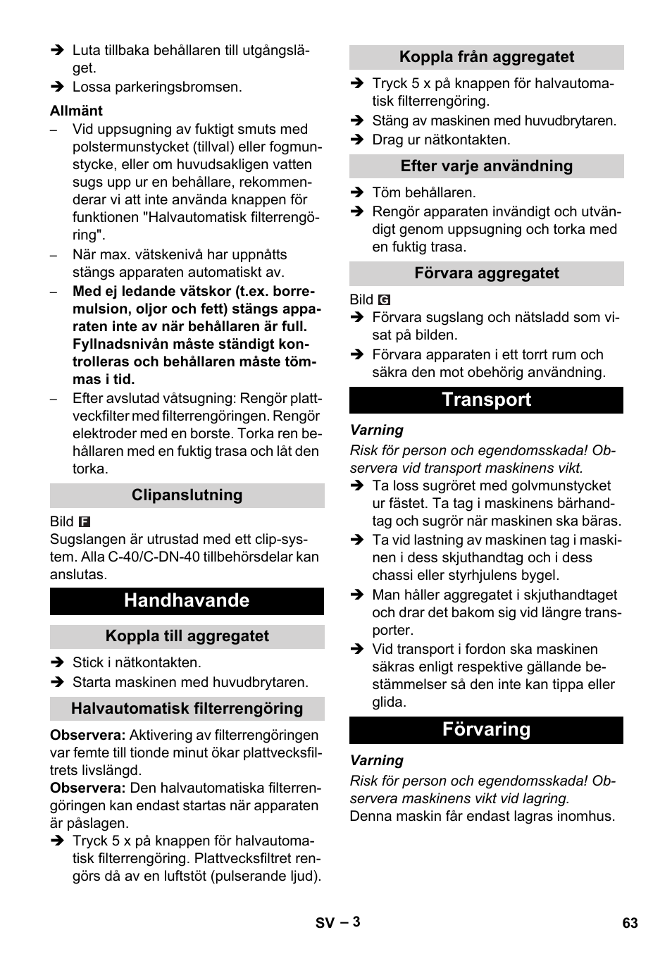Handhavande, Transport förvaring | Karcher NT 65-2 Ap EU User Manual | Page 63 / 180