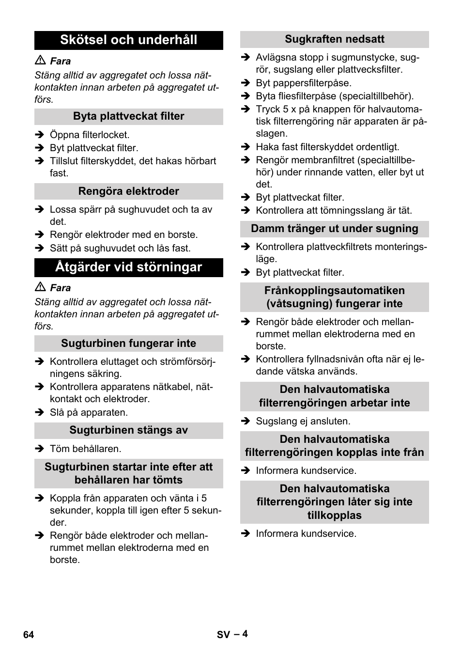 Skötsel och underhåll, Åtgärder vid störningar | Karcher NT 65-2 Ap EU User Manual | Page 64 / 180