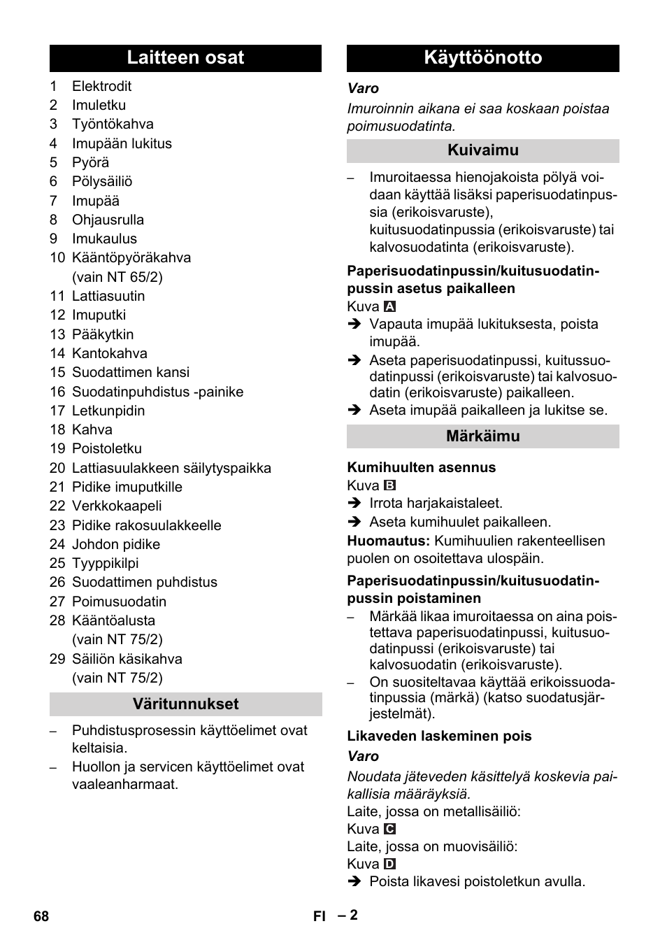 Laitteen osat, Käyttöönotto | Karcher NT 65-2 Ap EU User Manual | Page 68 / 180