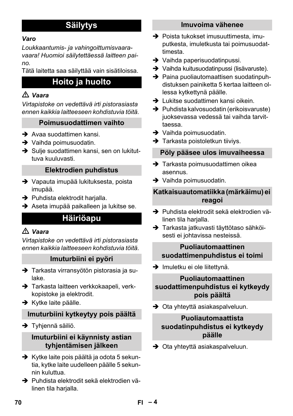 Säilytys hoito ja huolto, Häiriöapu | Karcher NT 65-2 Ap EU User Manual | Page 70 / 180