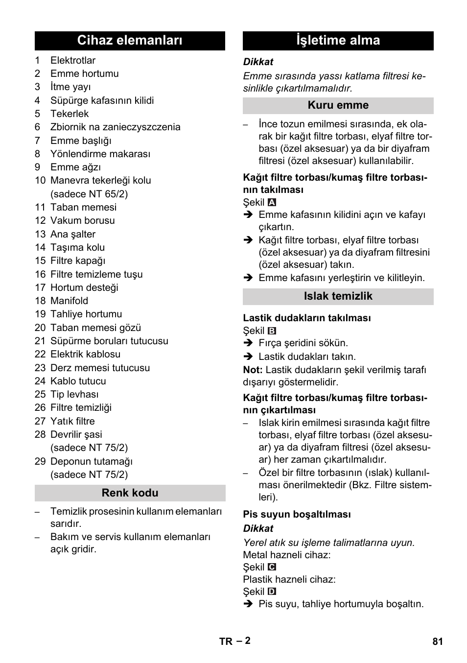 Cihaz elemanları, Işletime alma | Karcher NT 65-2 Ap EU User Manual | Page 81 / 180