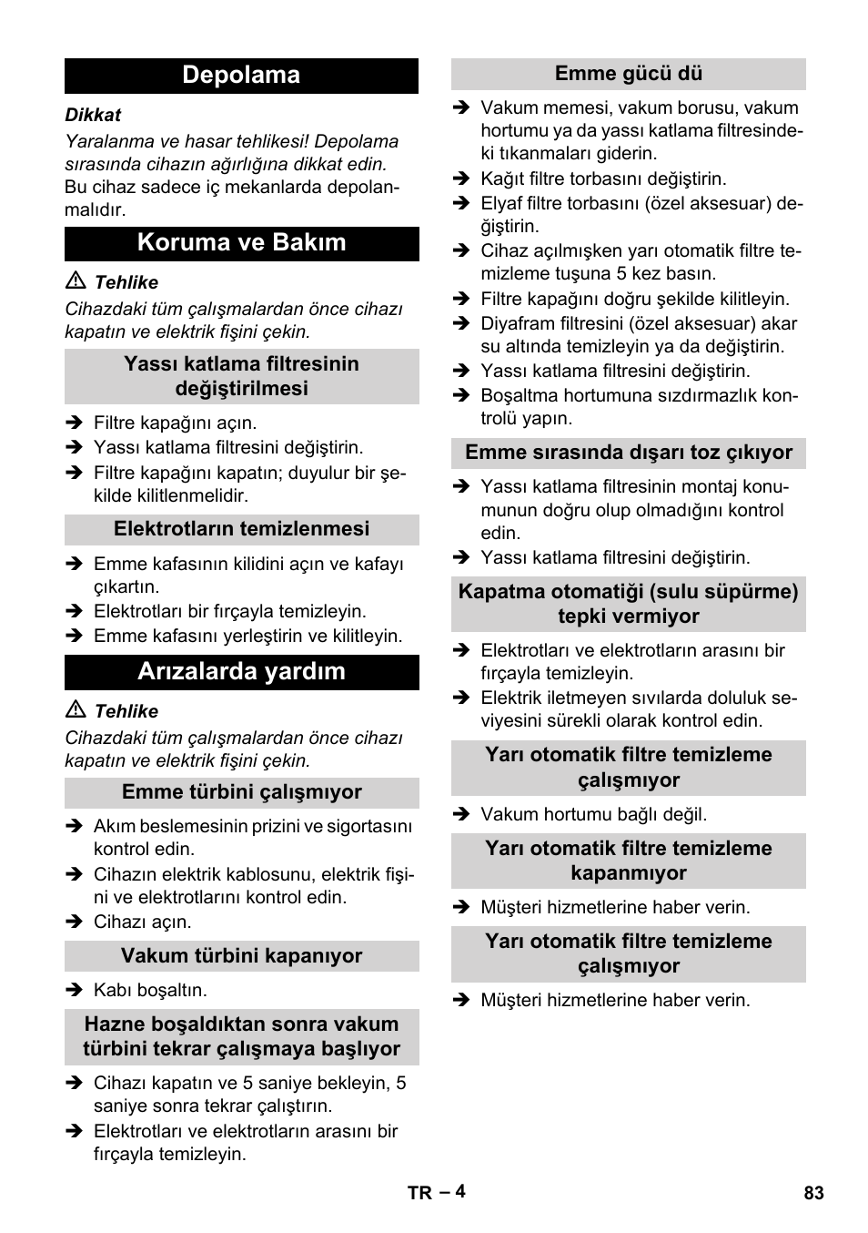 Depolama koruma ve bakım, Arızalarda yardım | Karcher NT 65-2 Ap EU User Manual | Page 83 / 180