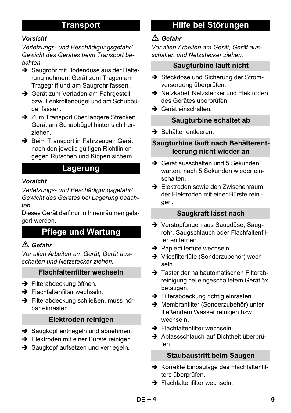 Transport lagerung pflege und wartung, Hilfe bei störungen | Karcher NT 65-2 Ap EU User Manual | Page 9 / 180