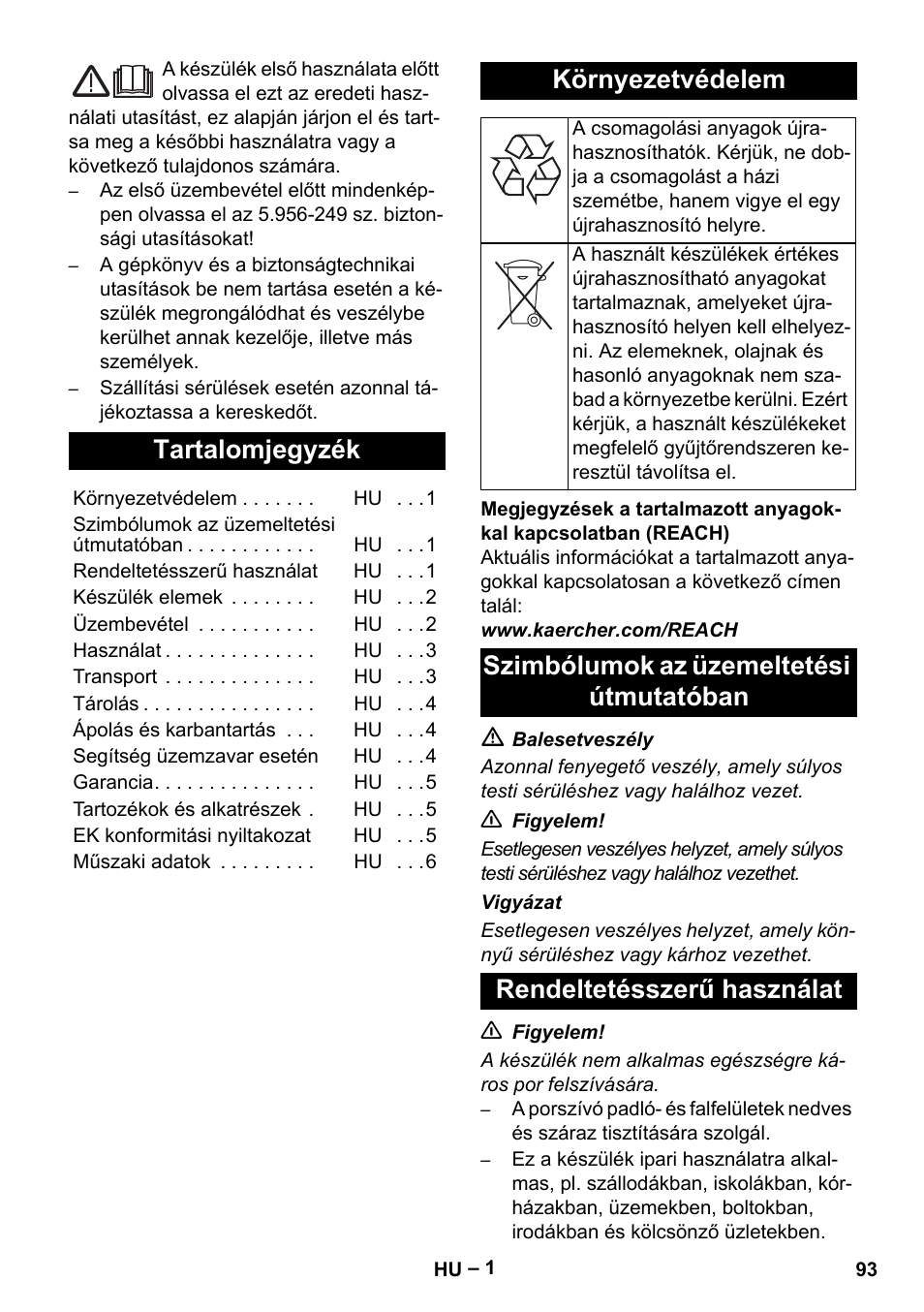 Magyar, Tartalomjegyzék, Környezetvédelem | Karcher NT 65-2 Ap EU User Manual | Page 93 / 180