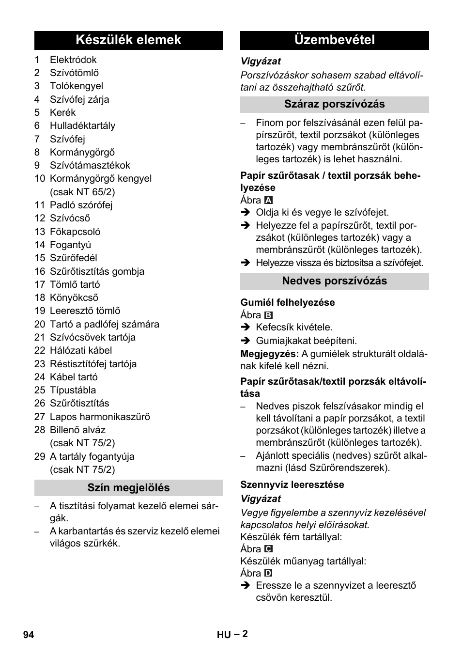 Készülék elemek, Üzembevétel | Karcher NT 65-2 Ap EU User Manual | Page 94 / 180