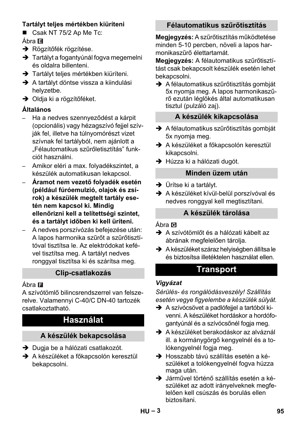 Használat, Transport | Karcher NT 65-2 Ap EU User Manual | Page 95 / 180