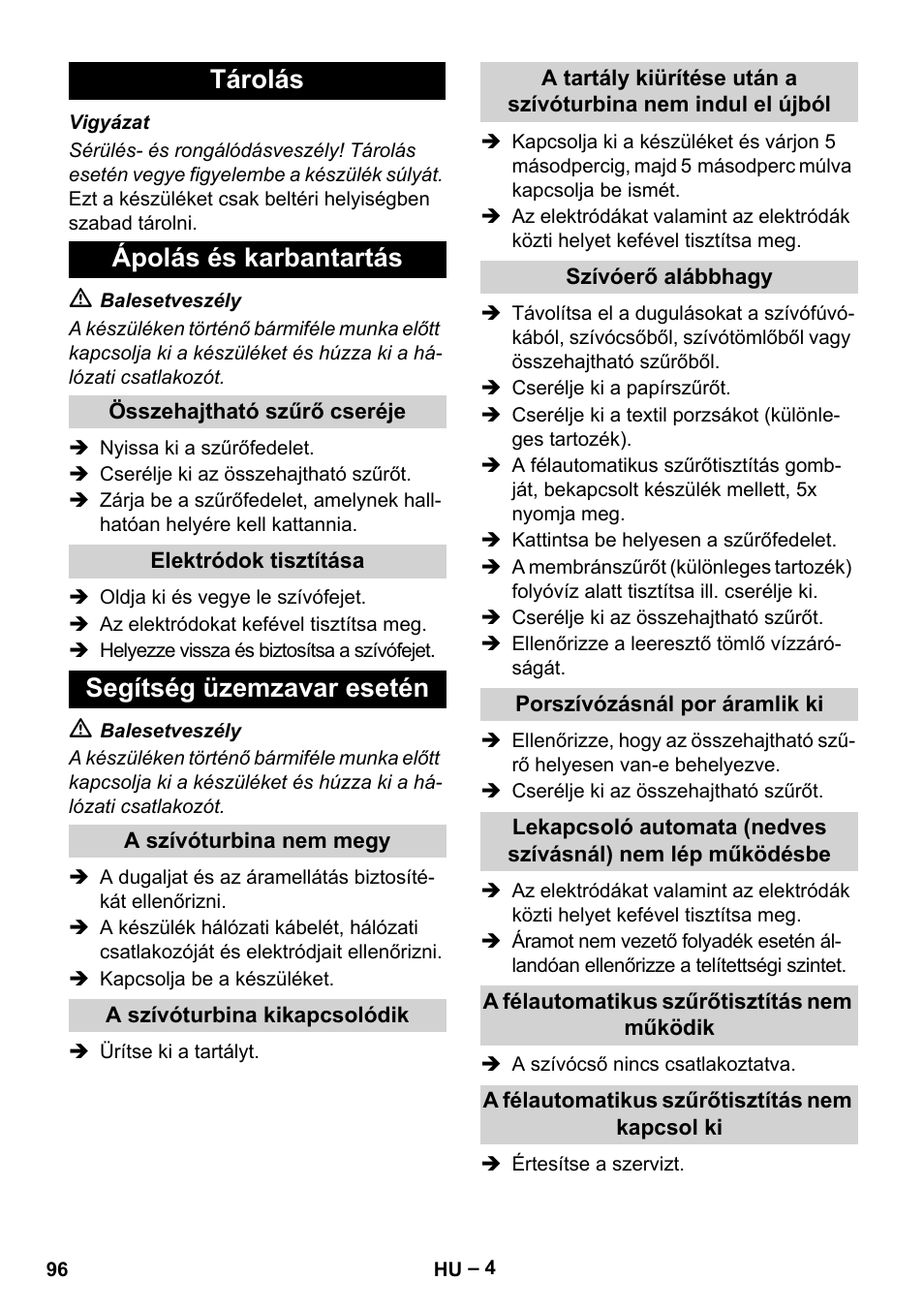 Tárolás ápolás és karbantartás, Segítség üzemzavar esetén | Karcher NT 65-2 Ap EU User Manual | Page 96 / 180