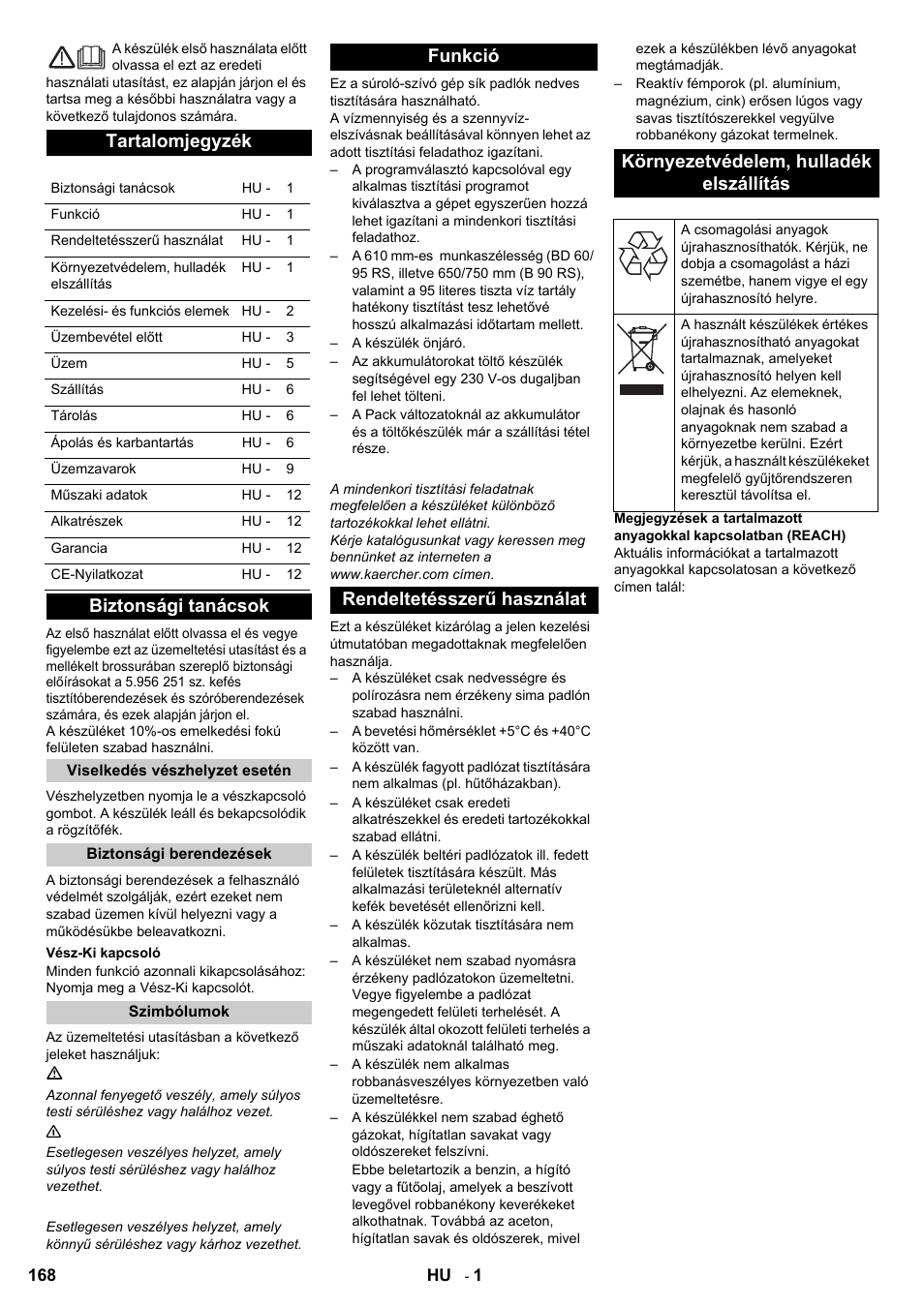 Tartalomjegyzék, Biztonsági tanácsok | Karcher B 95 RS Bp wet User Manual | Page 168 / 324