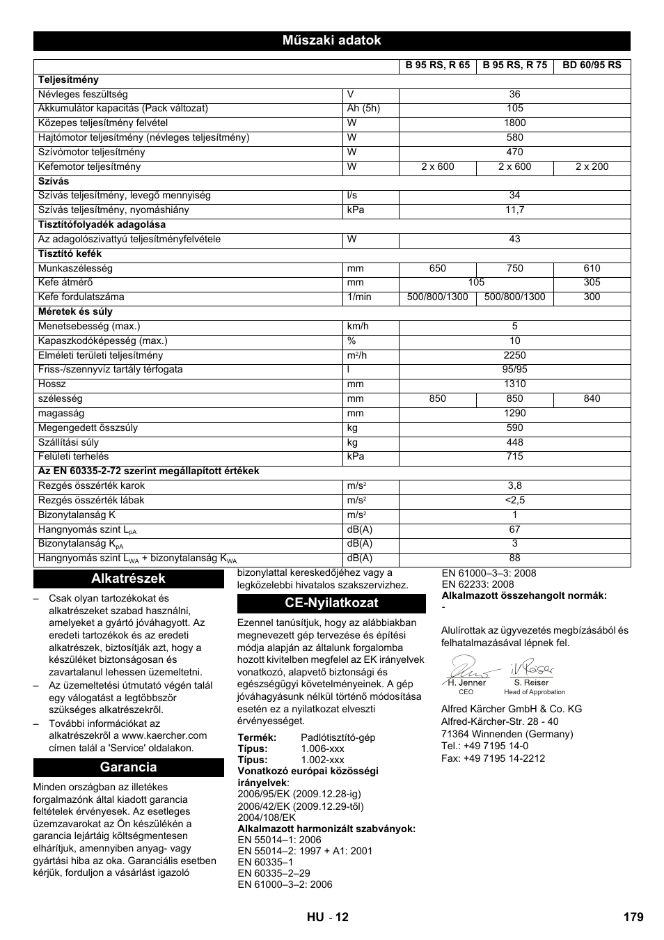 Műszaki adatok, Alkatrészek garancia ce-nyilatkozat | Karcher B 95 RS Bp wet User Manual | Page 179 / 324