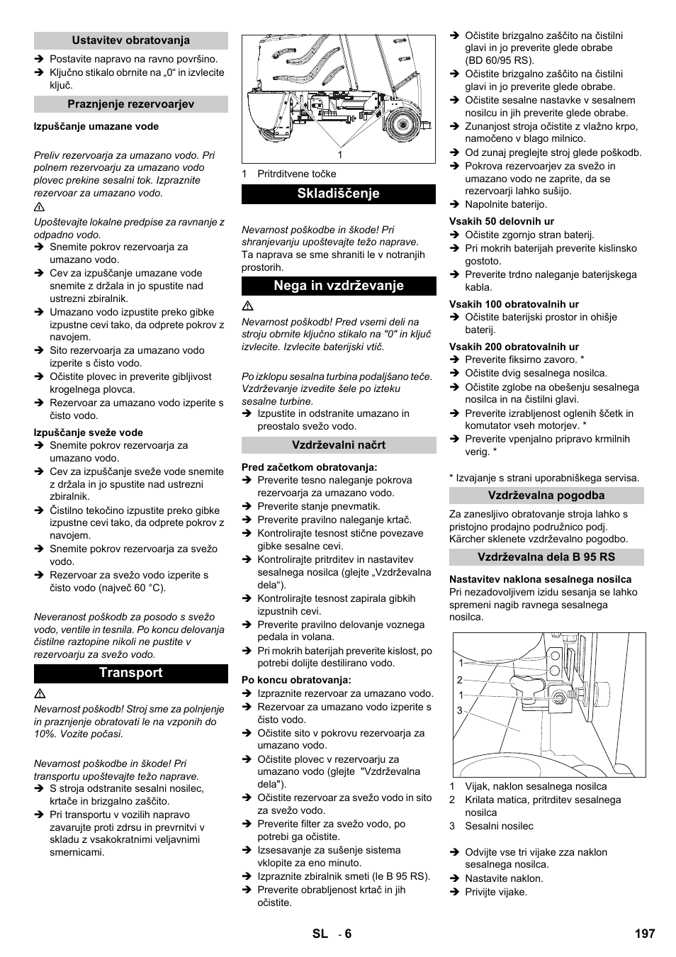 Transport skladiščenje nega in vzdrževanje | Karcher B 95 RS Bp wet User Manual | Page 197 / 324