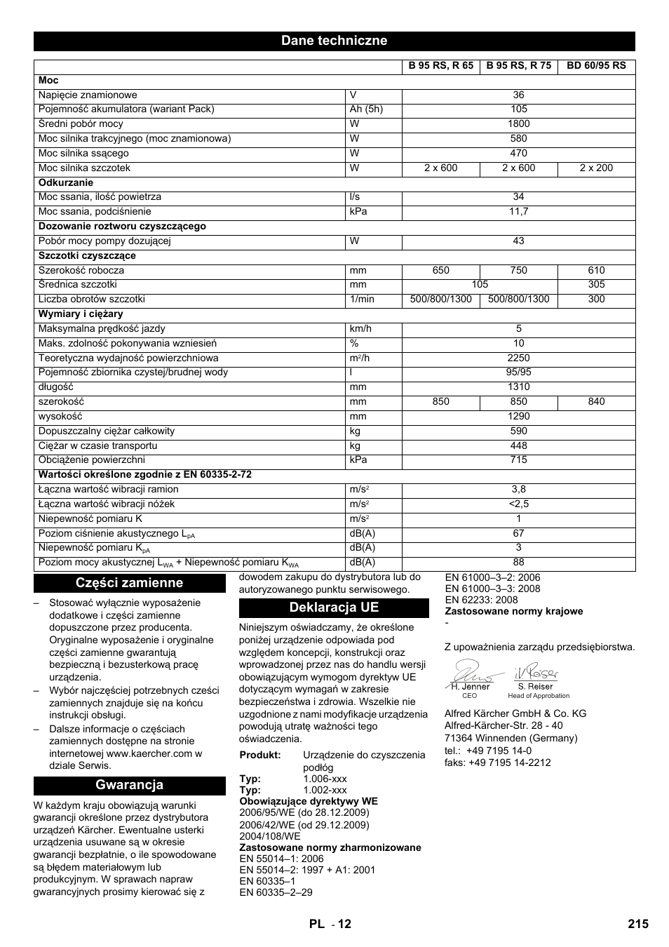 Dane techniczne, Części zamienne gwarancja deklaracja ue | Karcher B 95 RS Bp wet User Manual | Page 215 / 324