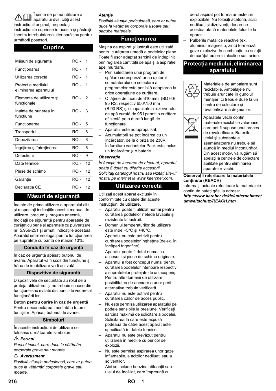 Cuprins, Măsuri de siguranţă | Karcher B 95 RS Bp wet User Manual | Page 216 / 324