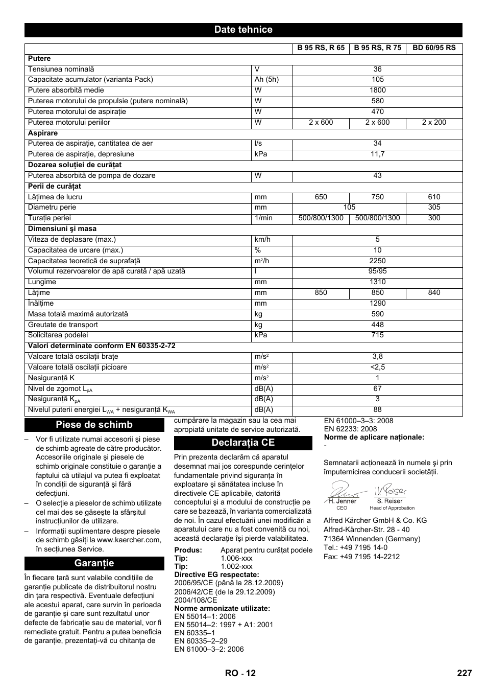 Date tehnice, Piese de schimb garanţie declaraţia ce | Karcher B 95 RS Bp wet User Manual | Page 227 / 324