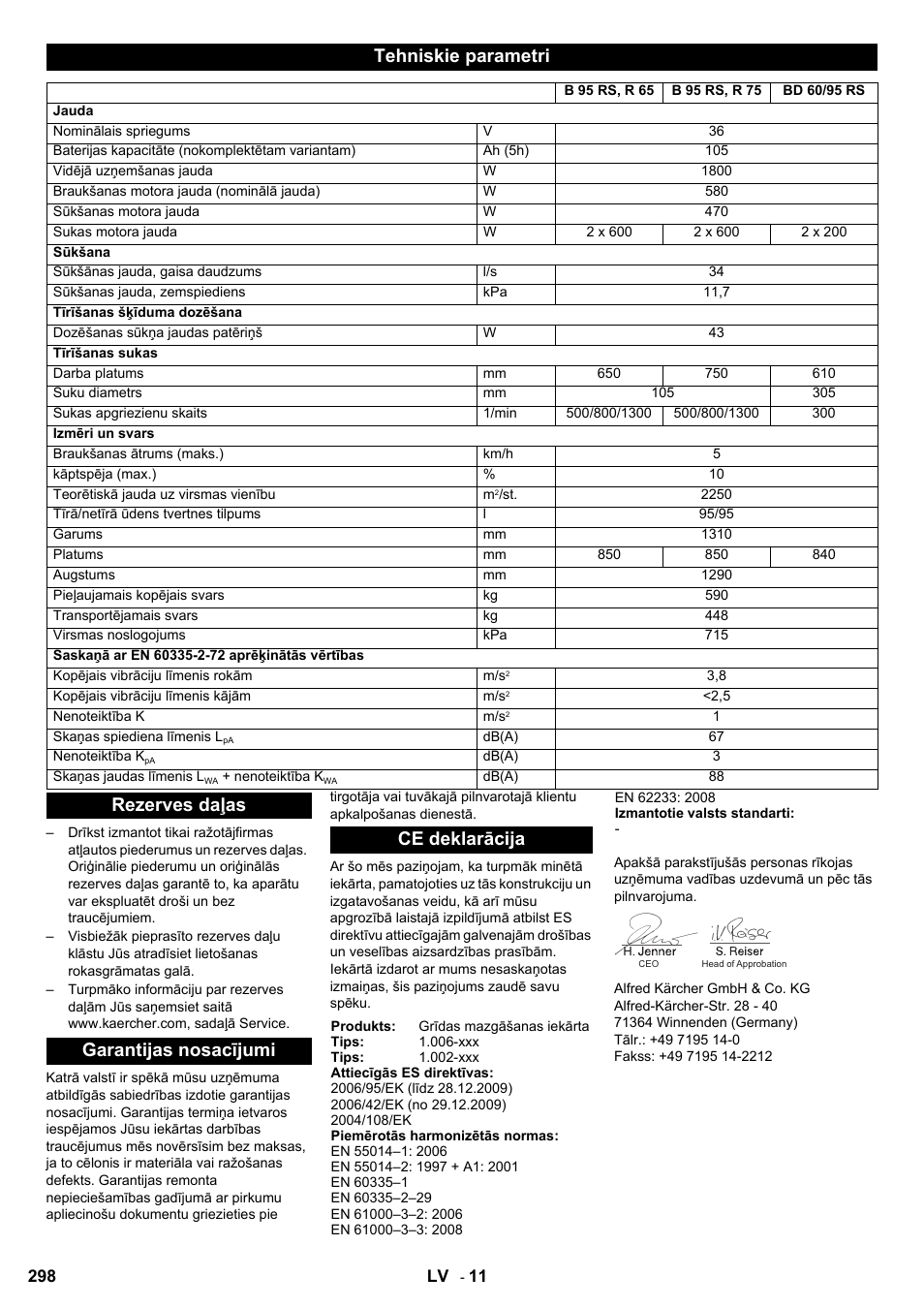 Tehniskie parametri | Karcher B 95 RS Bp wet User Manual | Page 298 / 324