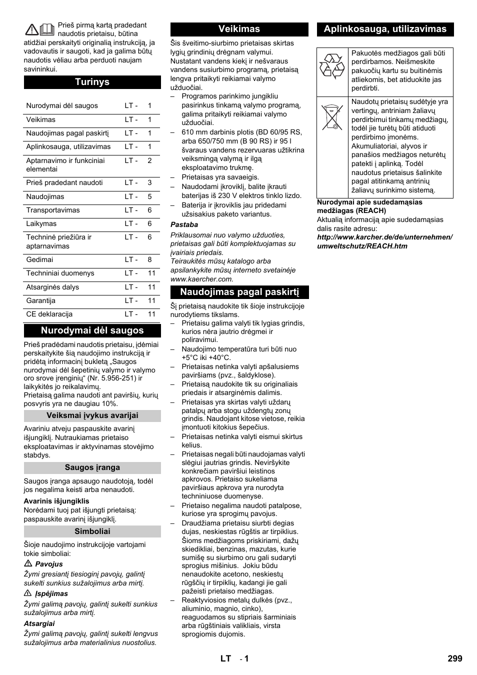 Turinys, Nurodymai dėl saugos | Karcher B 95 RS Bp wet User Manual | Page 299 / 324