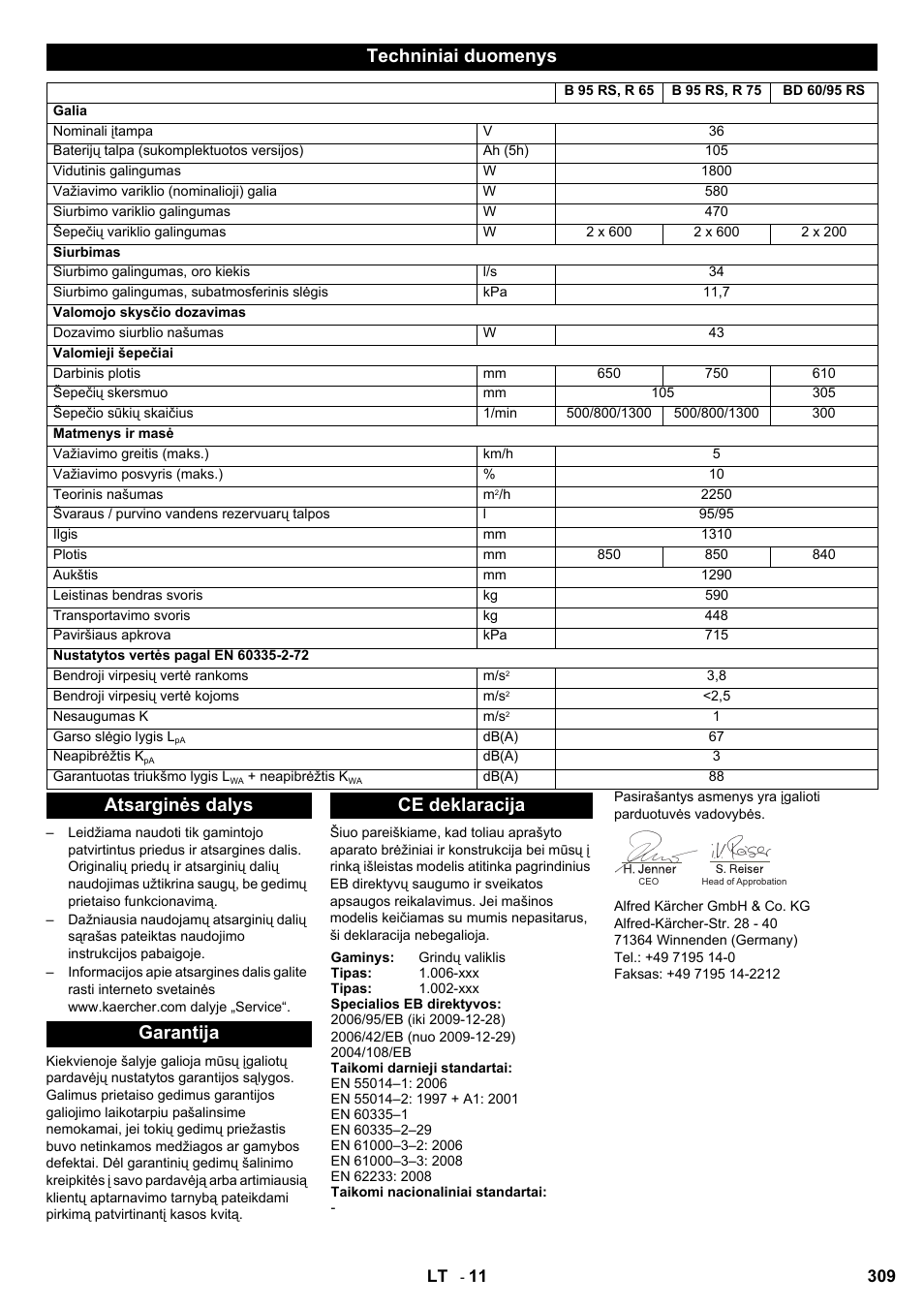 Techniniai duomenys, Atsarginės dalys garantija ce deklaracija | Karcher B 95 RS Bp wet User Manual | Page 309 / 324