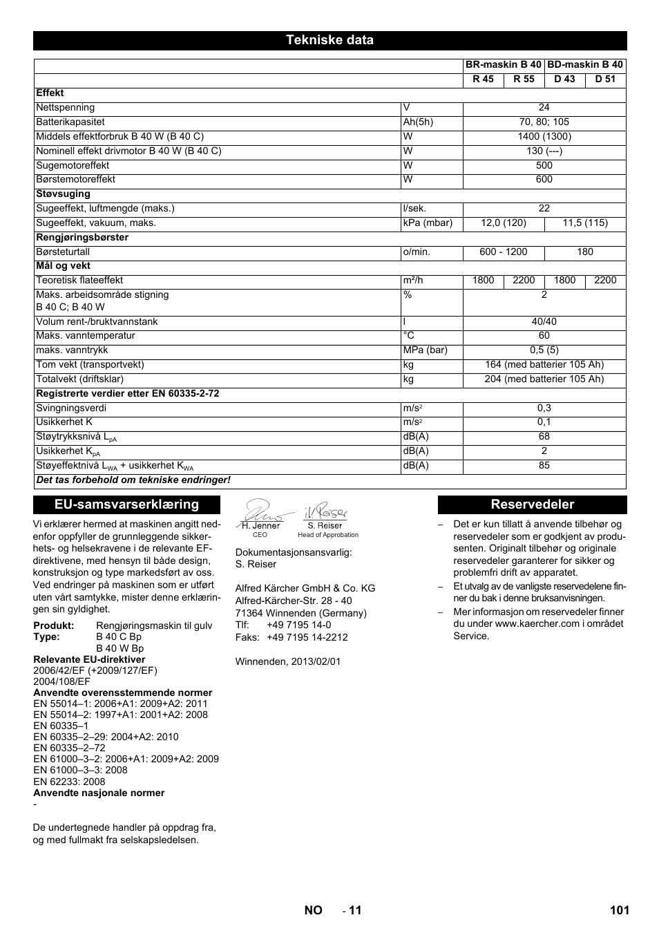 Tekniske data, Eu-samsvarserklæring, Reservedeler | Karcher B 60 W User Manual | Page 101 / 308