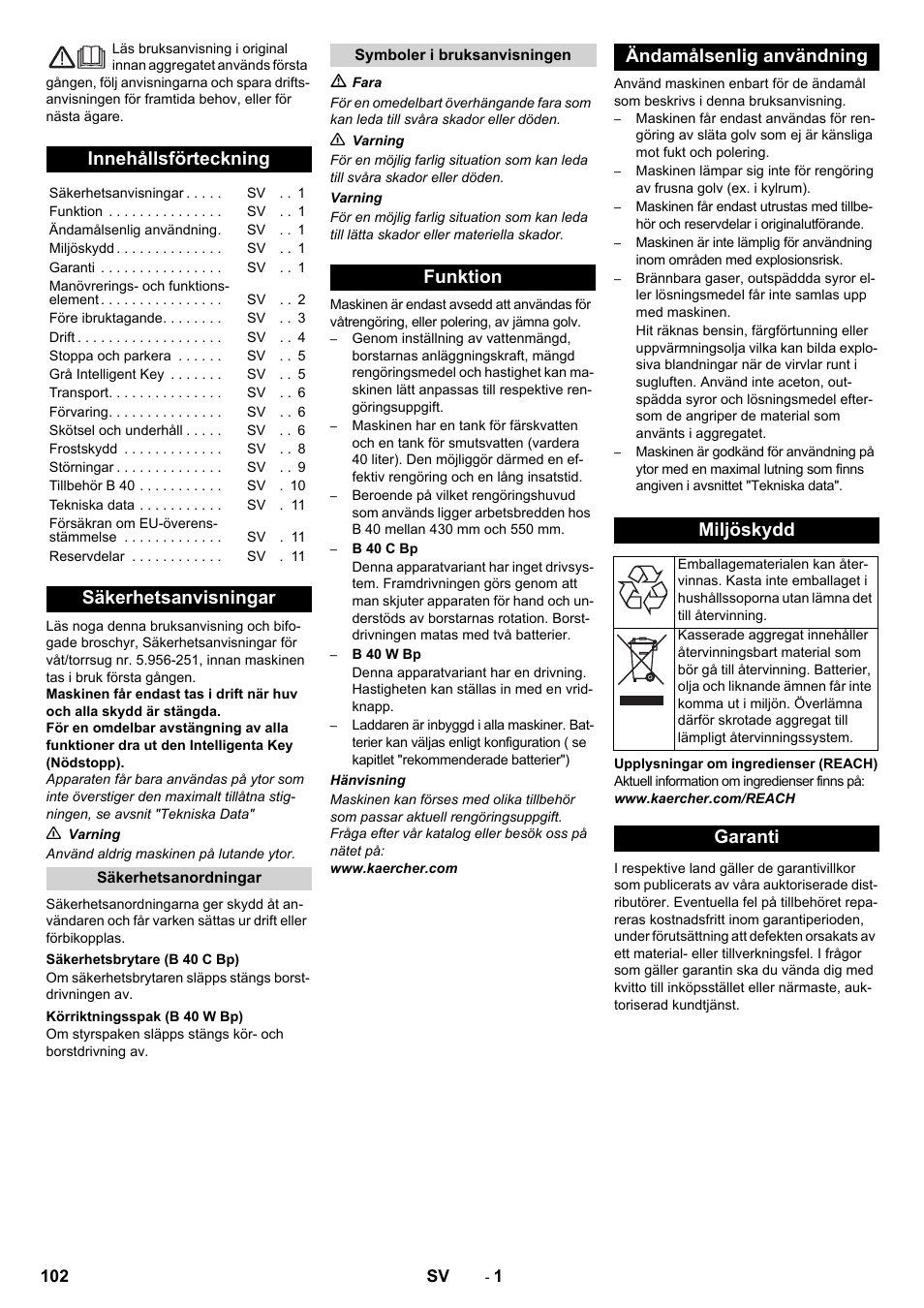 Svenska, Innehållsförteckning, Säkerhetsanvisningar | Funktion ändamålsenlig användning miljöskydd, Garanti | Karcher B 60 W User Manual | Page 102 / 308