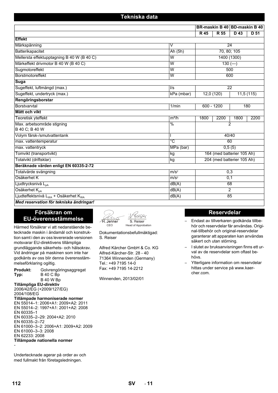 Tekniska data, Försäkran om eu-överensstämmelse, Reservdelar | Karcher B 60 W User Manual | Page 112 / 308