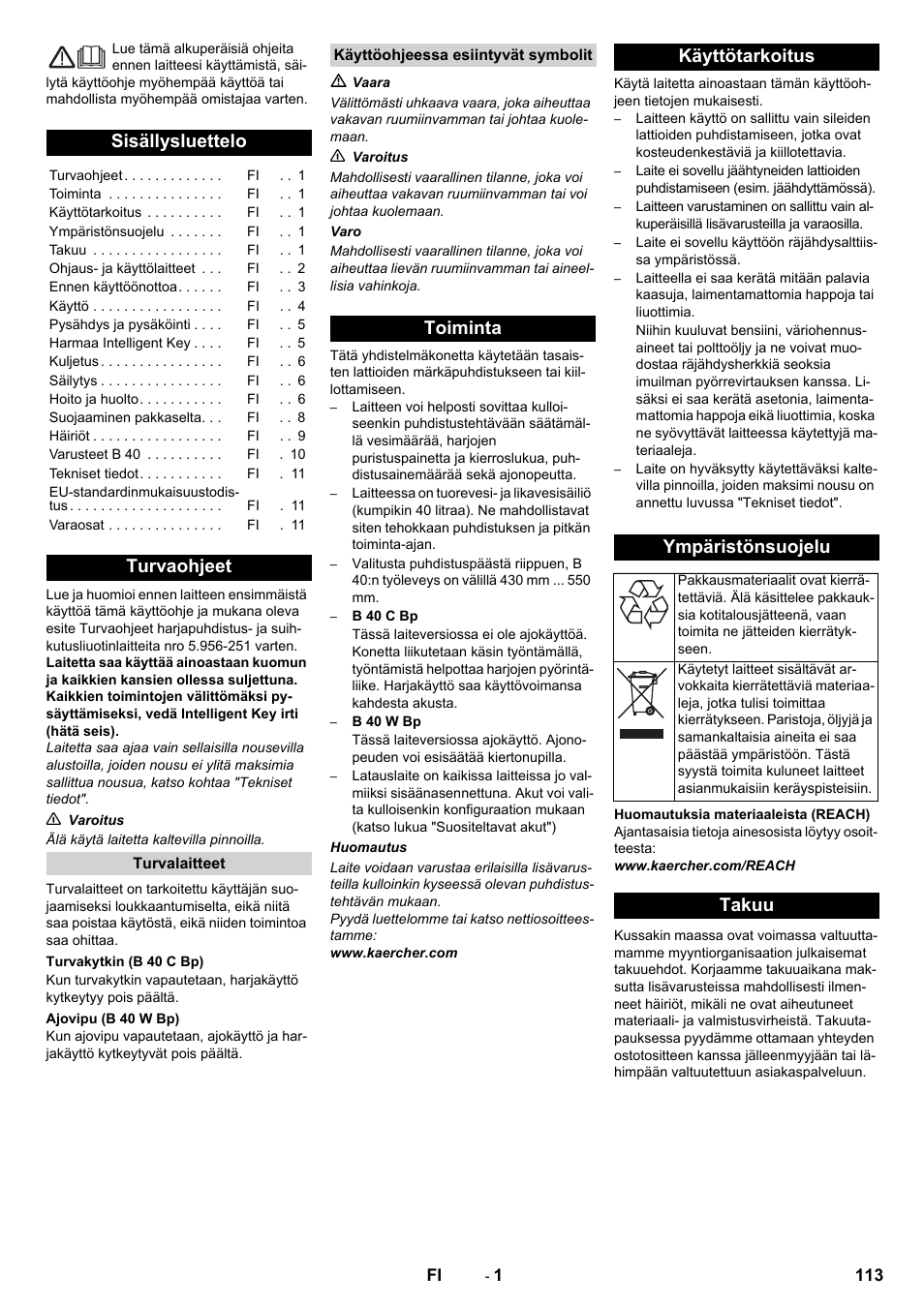 Suomi, Sisällysluettelo, Turvaohjeet | Toiminta käyttötarkoitus ympäristönsuojelu, Takuu | Karcher B 60 W User Manual | Page 113 / 308