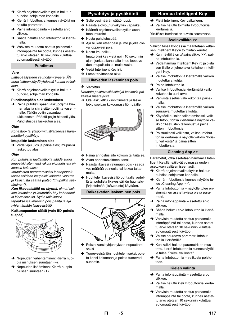 Pysähdys ja pysäköinti, Harmaa intelligent key | Karcher B 60 W User Manual | Page 117 / 308