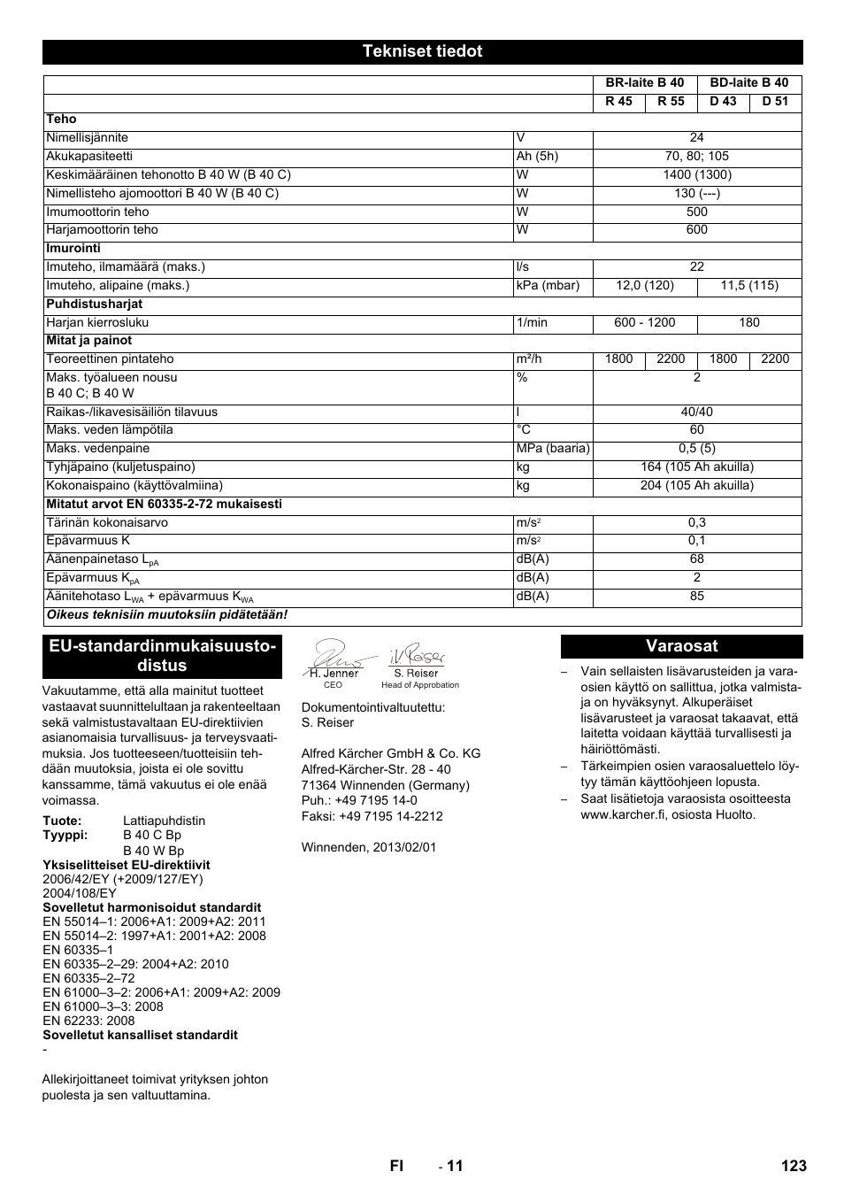 Tekniset tiedot, Eu-standardinmukaisuusto- distus, Varaosat | Karcher B 60 W User Manual | Page 123 / 308