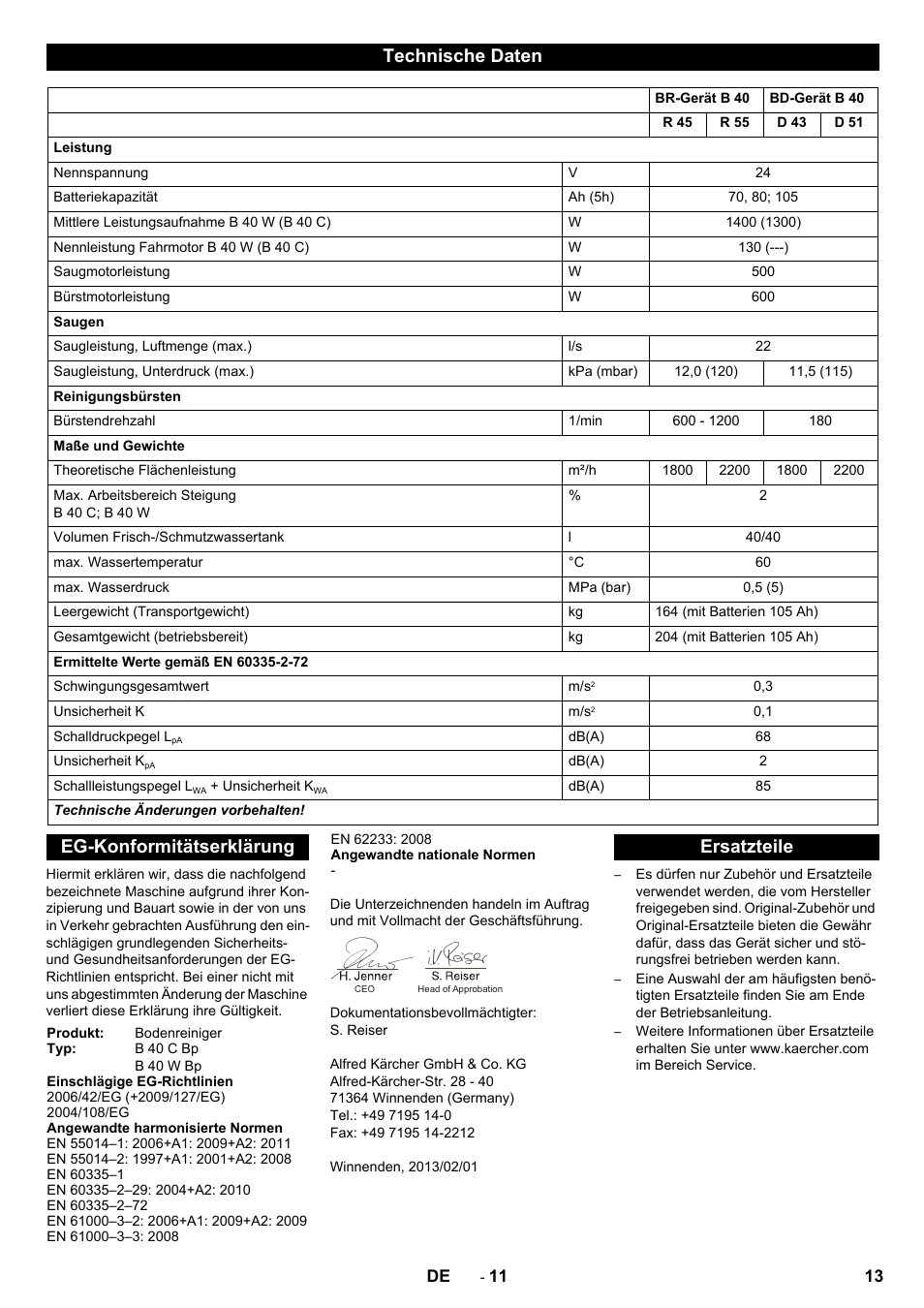 Technische daten, Eg-konformitätserklärung, Ersatzteile | Karcher B 60 W User Manual | Page 13 / 308