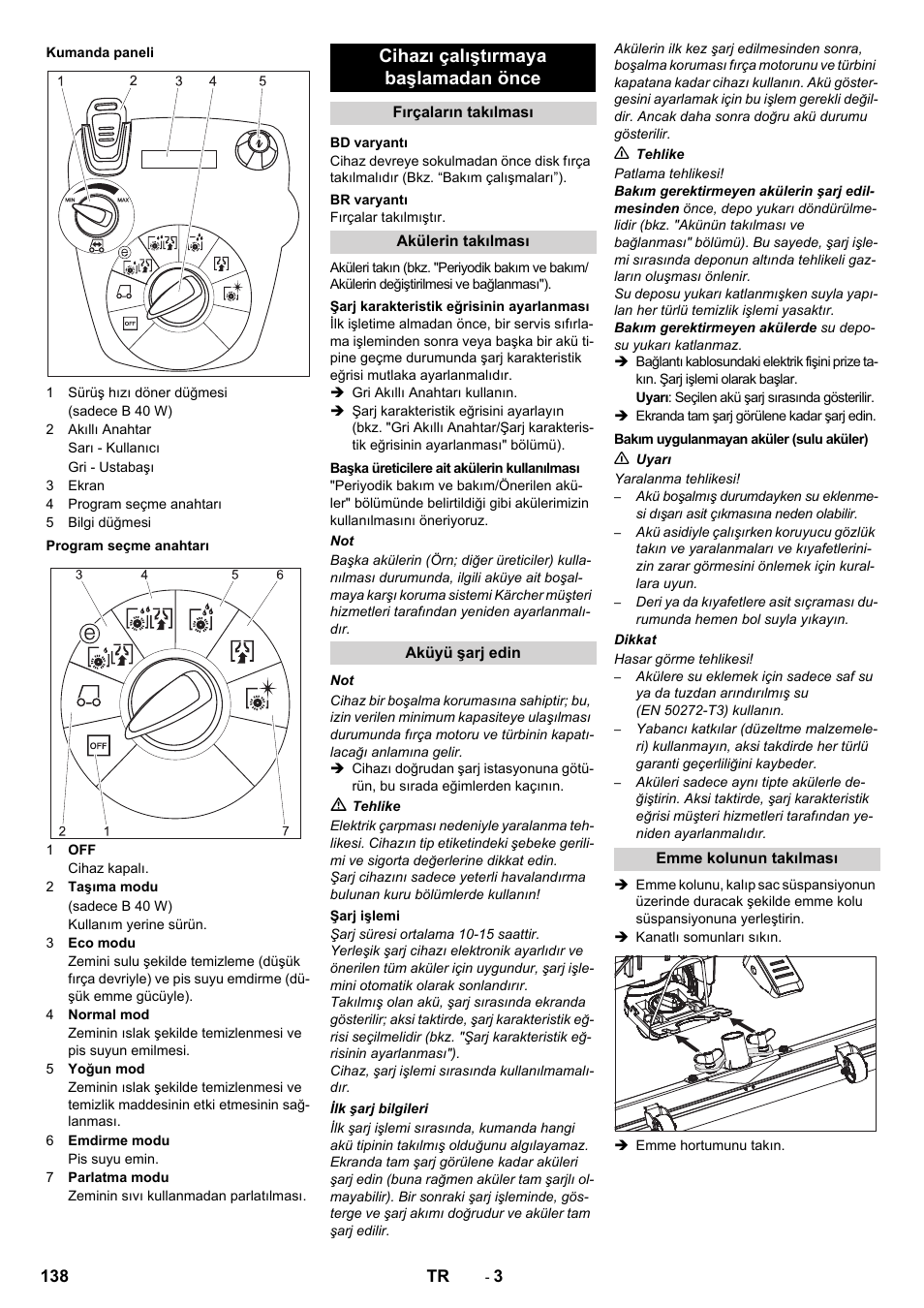 Cihazı çalıştırmaya başlamadan önce | Karcher B 60 W User Manual | Page 138 / 308