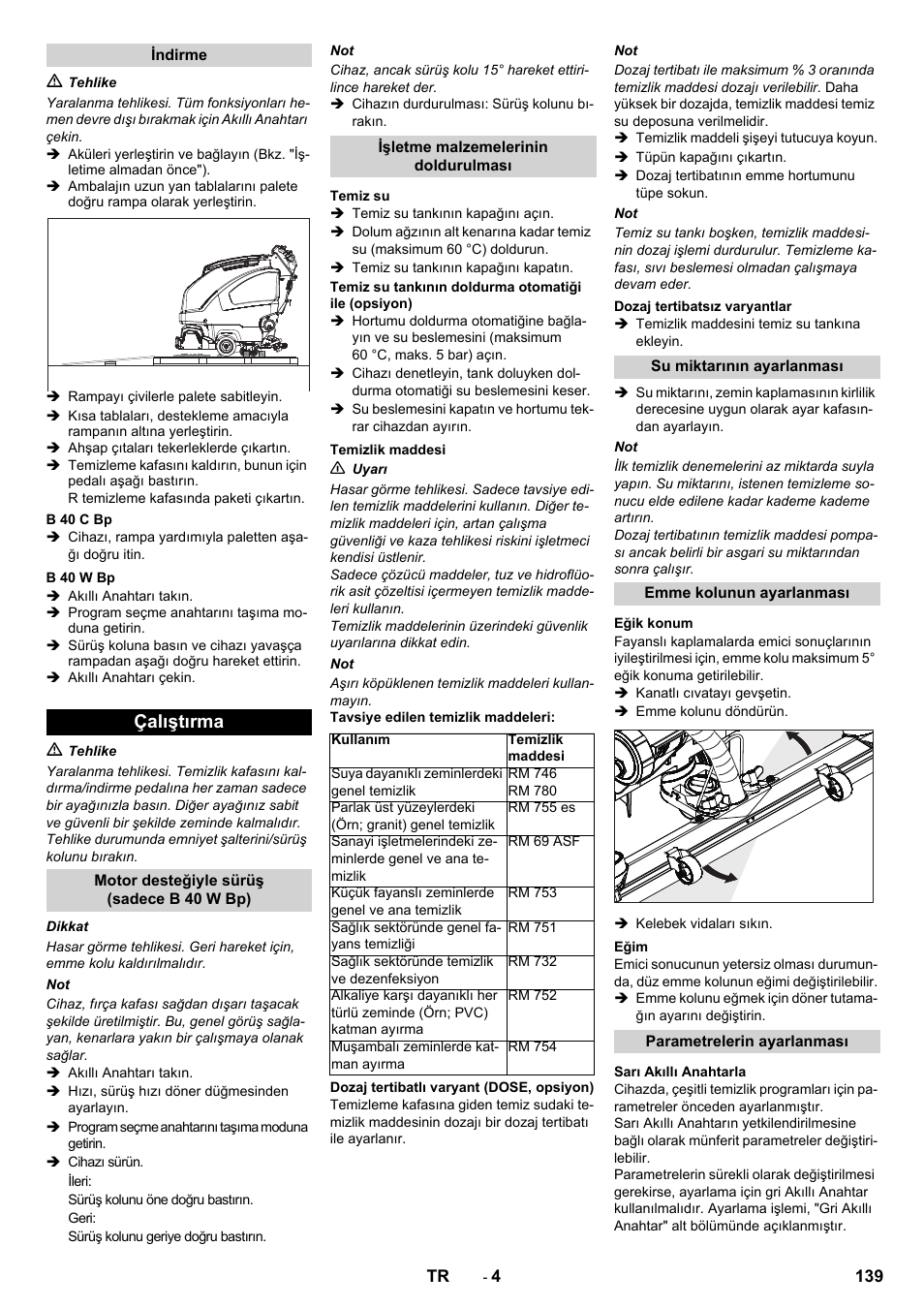 Çalıştırma | Karcher B 60 W User Manual | Page 139 / 308