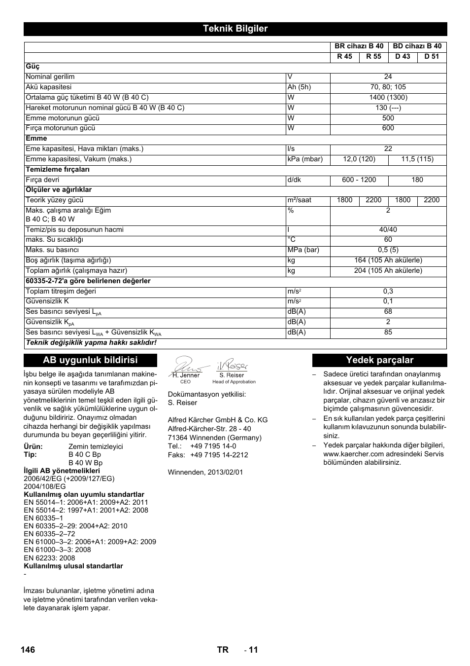 Teknik bilgiler, Ab uygunluk bildirisi, Yedek parçalar | Karcher B 60 W User Manual | Page 146 / 308
