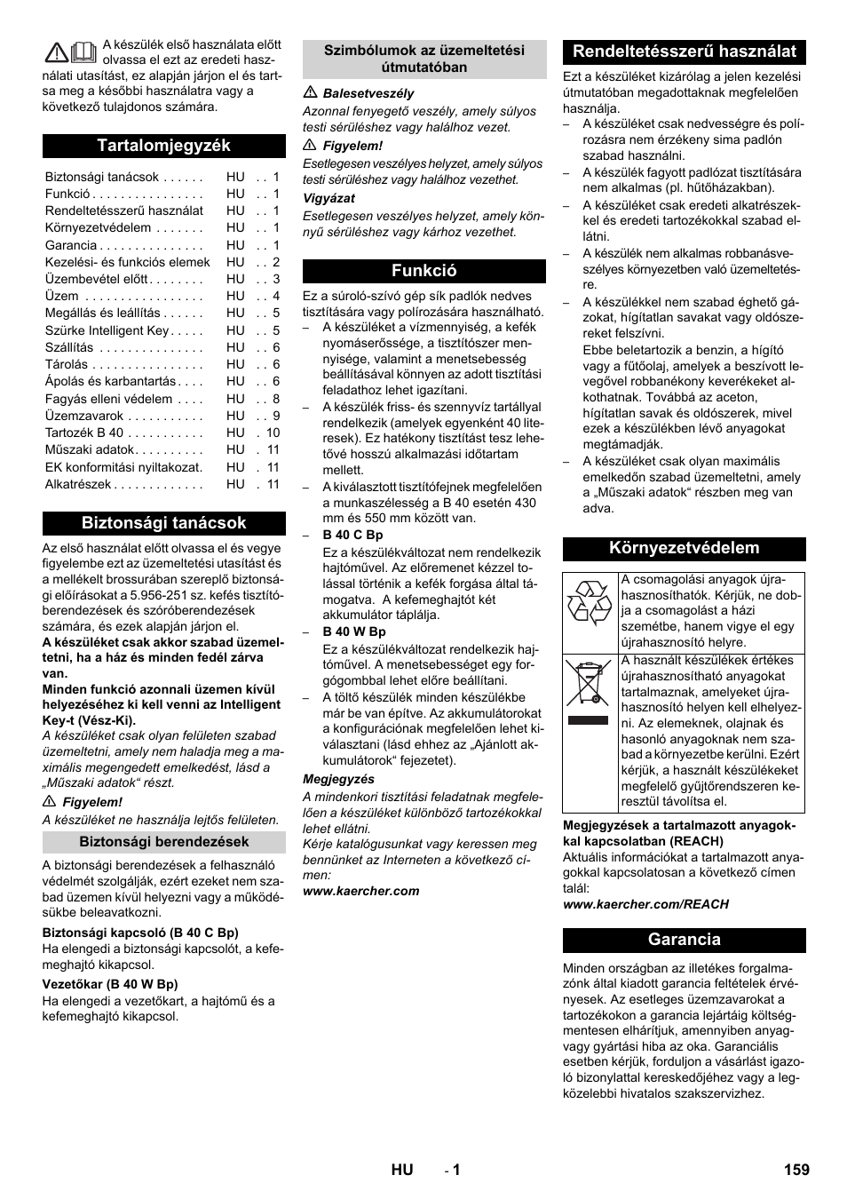 Magyar, Tartalomjegyzék, Biztonsági tanácsok | Garancia | Karcher B 60 W User Manual | Page 159 / 308