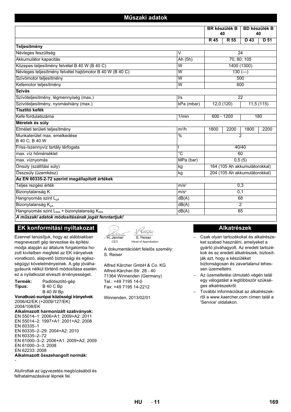 Műszaki adatok, Ek konformitási nyiltakozat, Alkatrészek | Karcher B 60 W User Manual | Page 169 / 308