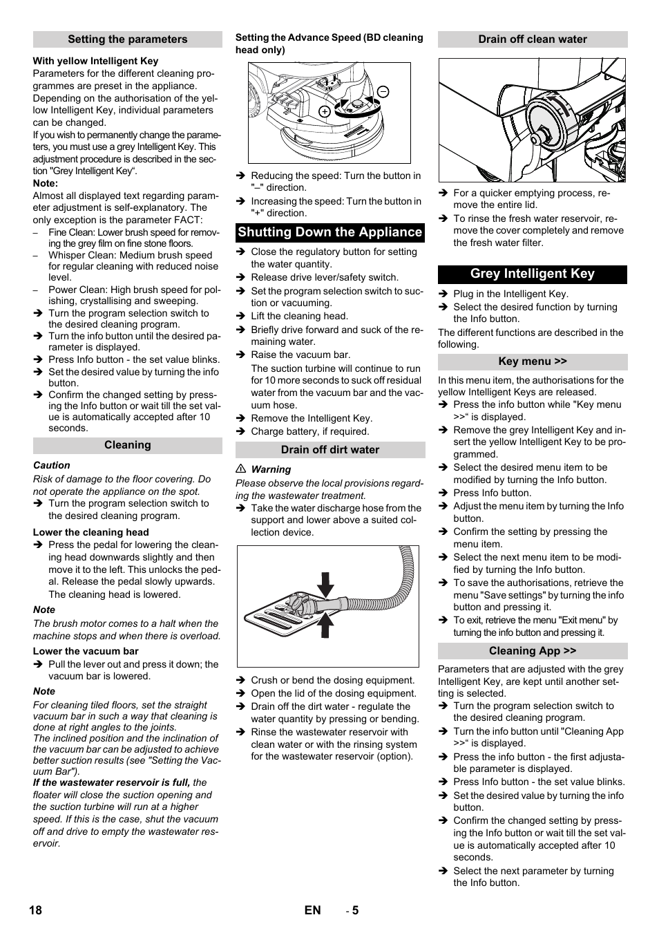 Shutting down the appliance, Grey intelligent key | Karcher B 60 W User Manual | Page 18 / 308