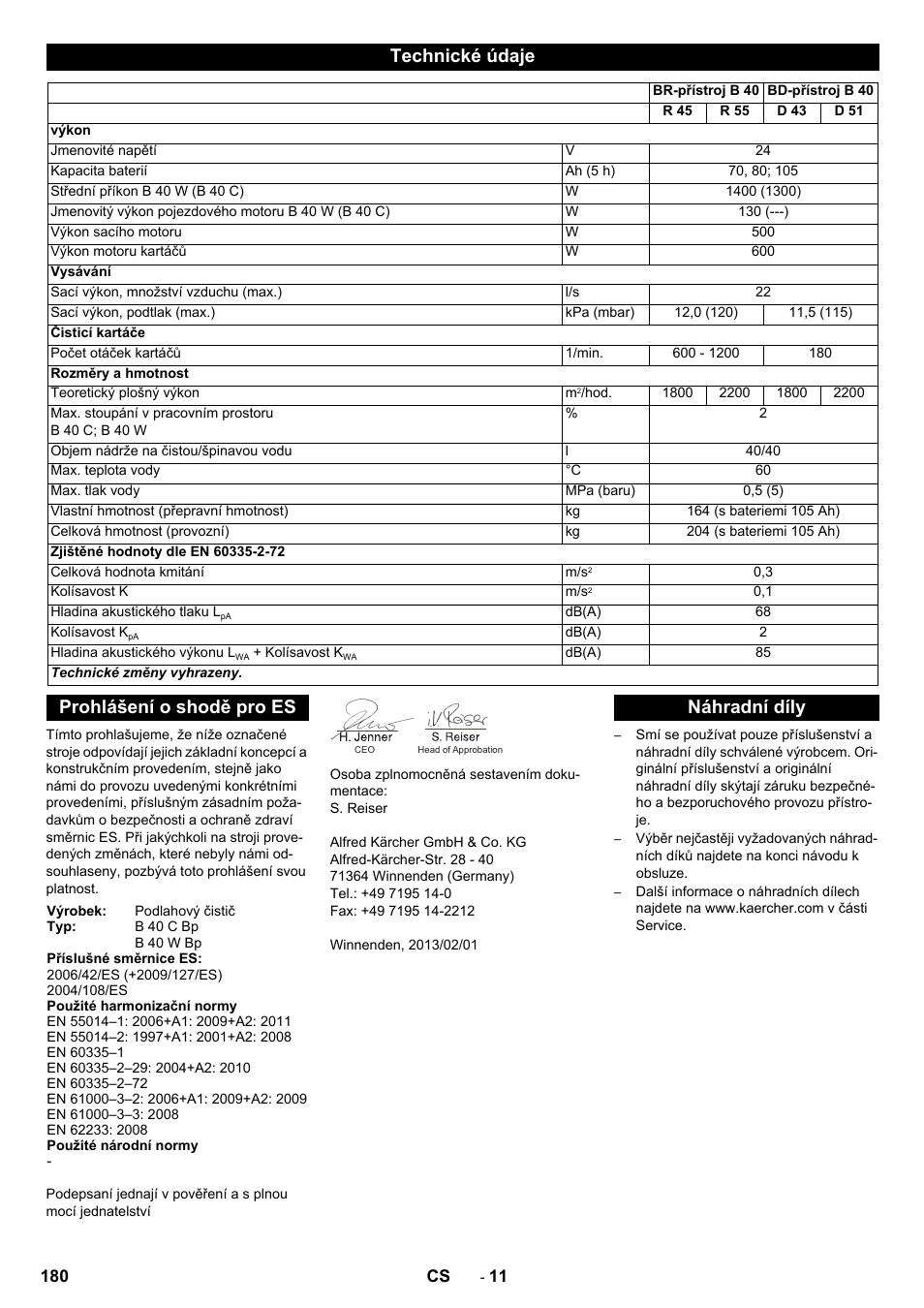 Technické údaje, Prohlášení o shodě pro es, Náhradní díly | Karcher B 60 W User Manual | Page 180 / 308