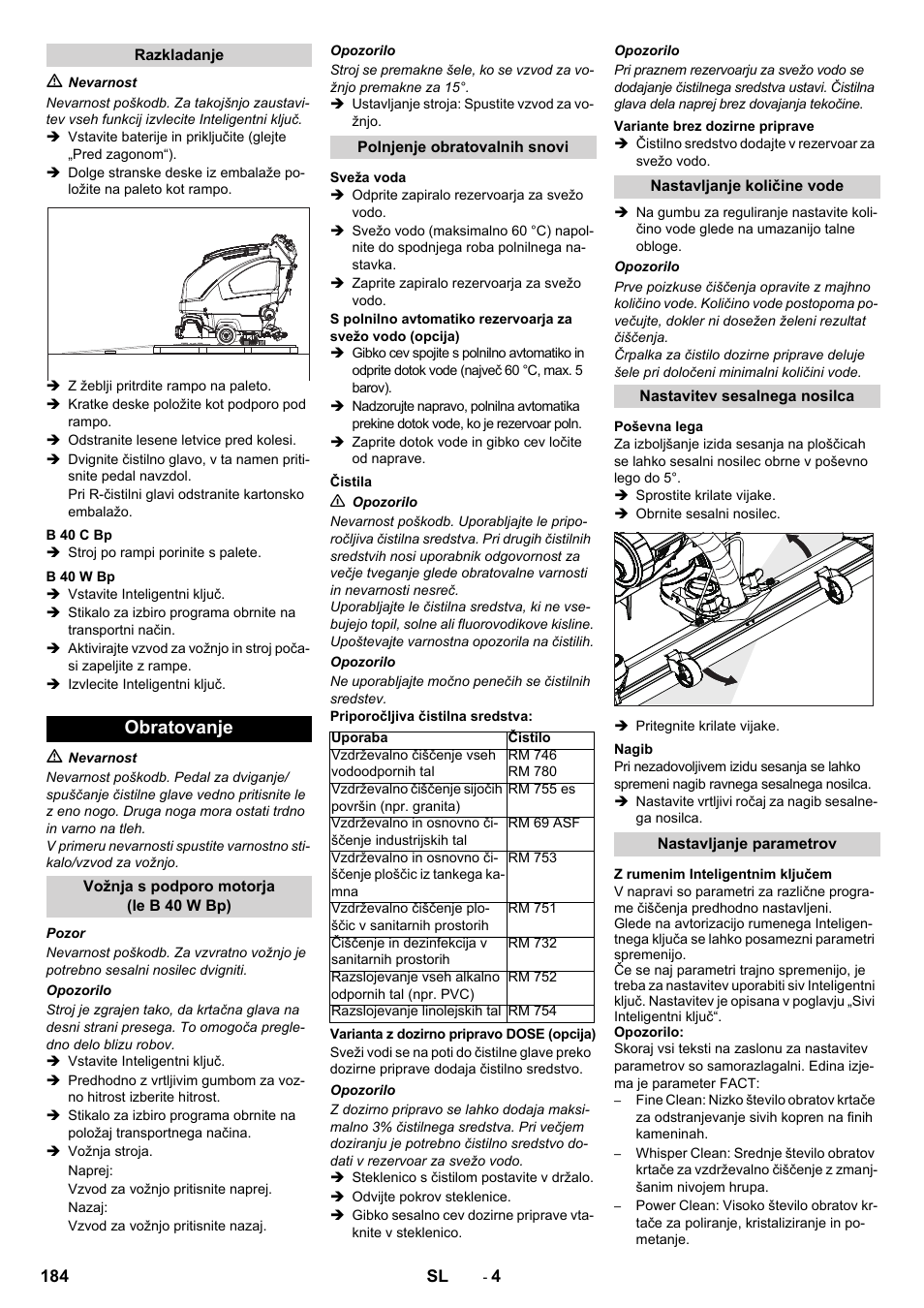 Obratovanje | Karcher B 60 W User Manual | Page 184 / 308