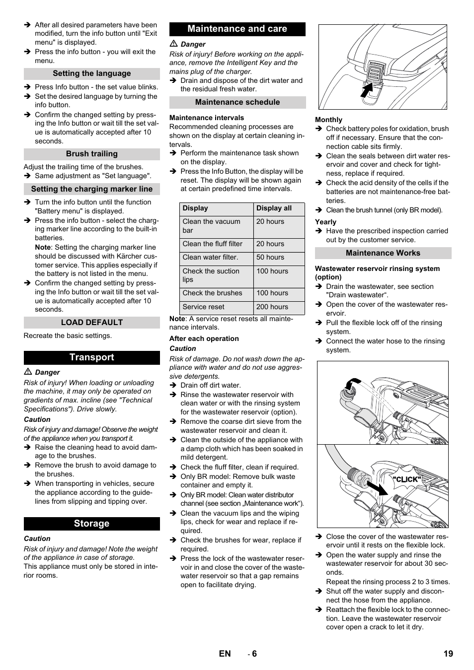 Transport storage maintenance and care | Karcher B 60 W User Manual | Page 19 / 308