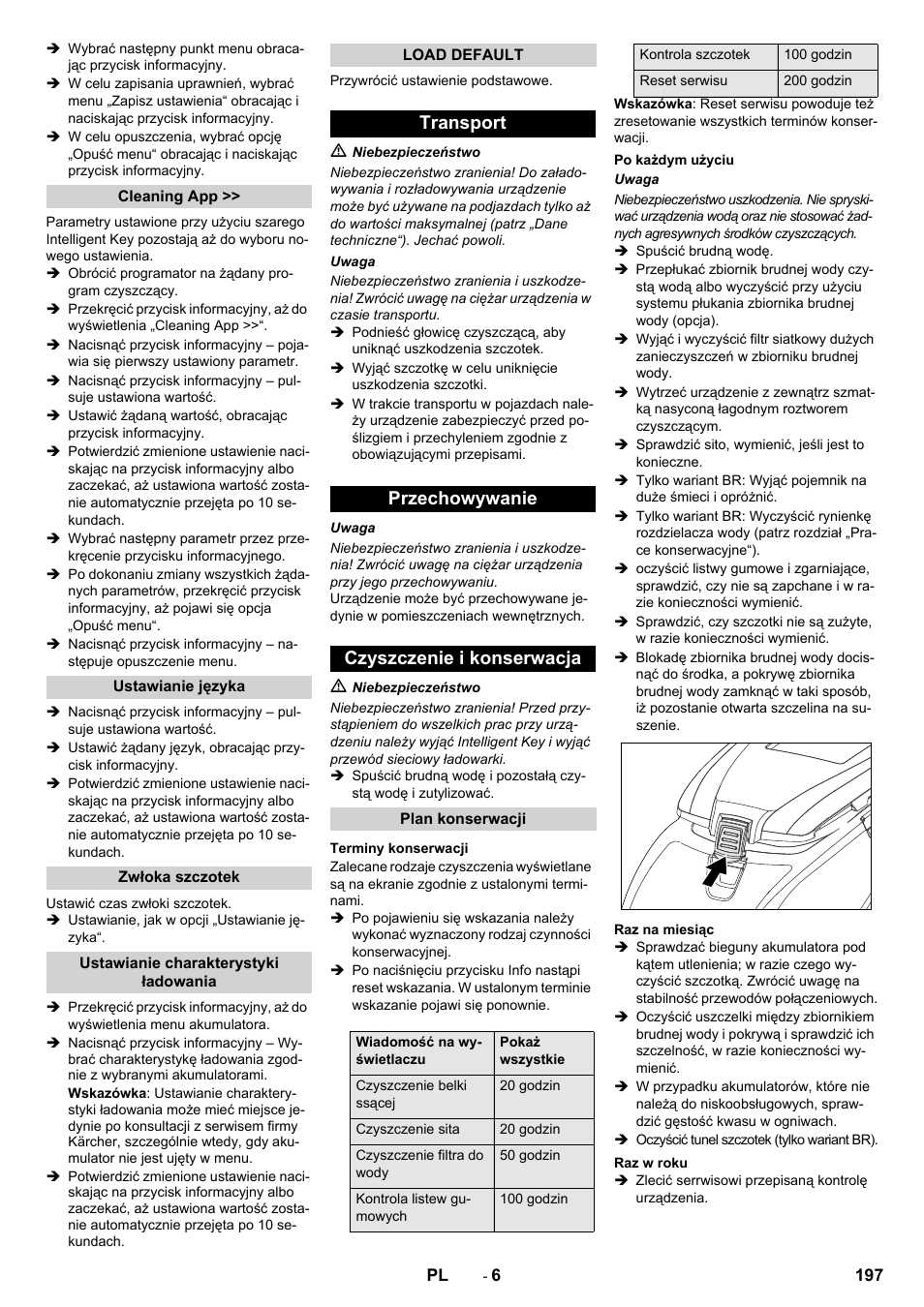 Transport przechowywanie czyszczenie i konserwacja | Karcher B 60 W User Manual | Page 197 / 308