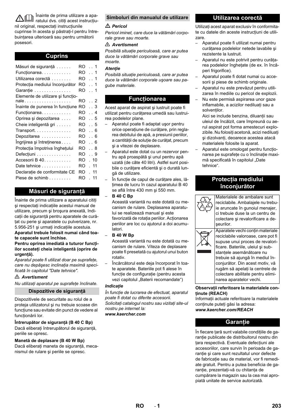 Româneşte, Cuprins, Măsuri de siguranţă | Garanţie | Karcher B 60 W User Manual | Page 203 / 308