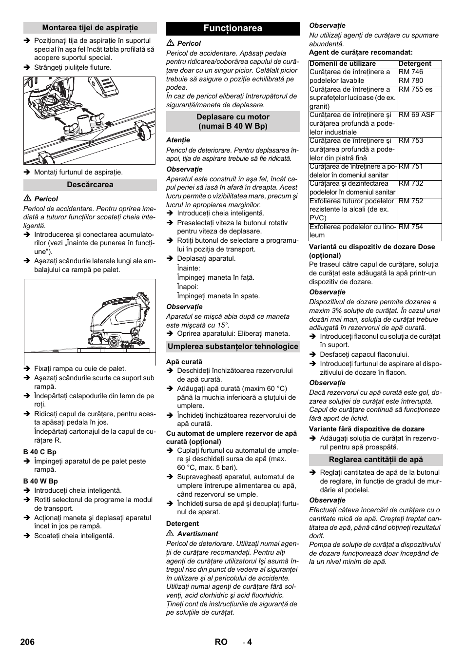 Funcţionarea | Karcher B 60 W User Manual | Page 206 / 308