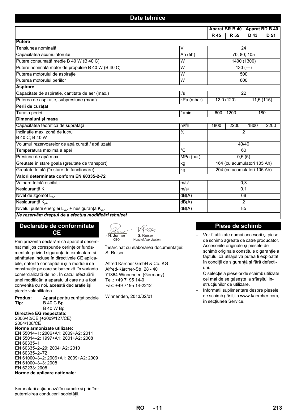 Date tehnice, Declaraţie de conformitate ce, Piese de schimb | Karcher B 60 W User Manual | Page 213 / 308