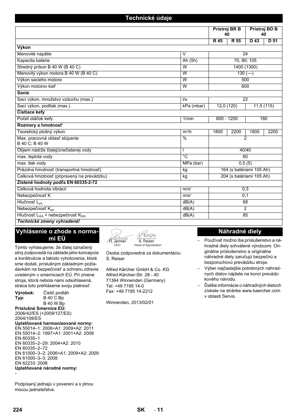 Technické údaje, Vyhlásenie o zhode s norma- mi eú, Náhradné diely | Karcher B 60 W User Manual | Page 224 / 308