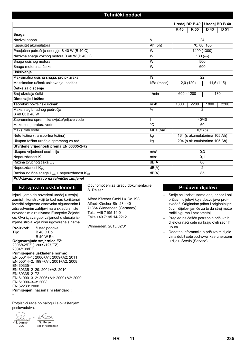 Tehnički podaci, Ez izjava o usklađenosti, Pričuvni dijelovi | Karcher B 60 W User Manual | Page 235 / 308