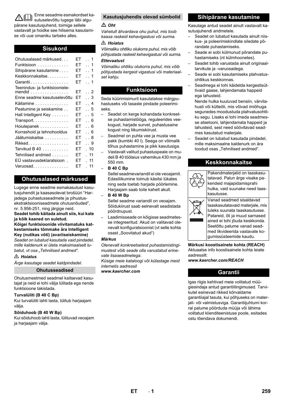 Eesti, Sisukord, Ohutusalased märkused | Funktsioon sihipärane kasutamine keskkonnakaitse, Garantii | Karcher B 60 W User Manual | Page 259 / 308