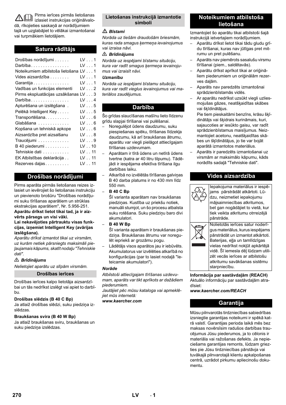 Latviešu, Satura rādītājs, Drošības norādījumi | Garantija | Karcher B 60 W User Manual | Page 270 / 308