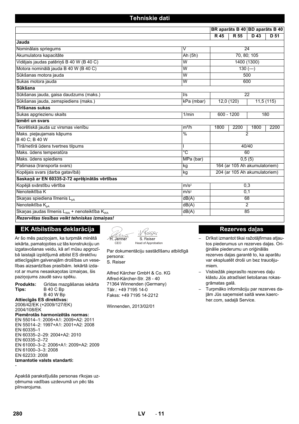 Tehniskie dati, Ek atbilstības deklarācija, Rezerves daļas | Karcher B 60 W User Manual | Page 280 / 308