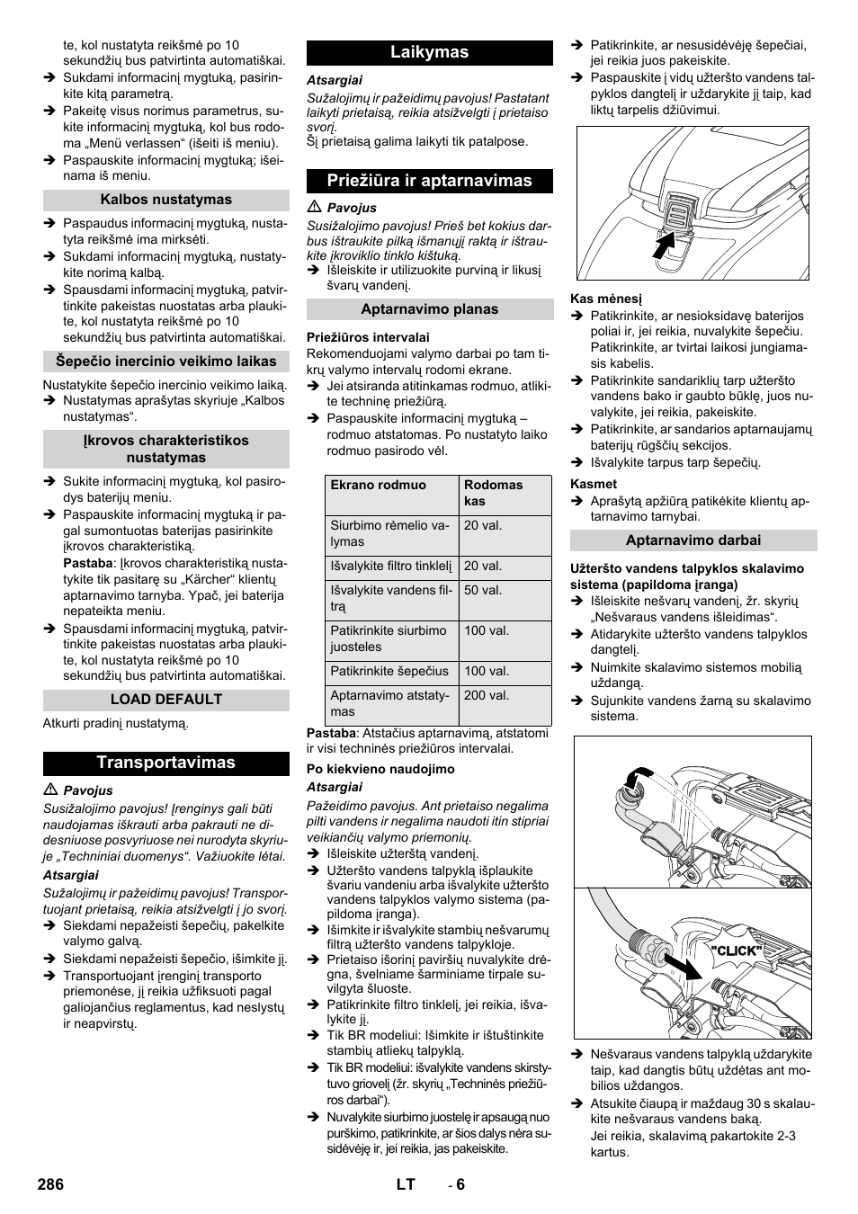 Transportavimas laikymas priežiūra ir aptarnavimas | Karcher B 60 W User Manual | Page 286 / 308