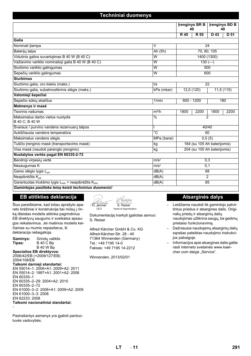 Techniniai duomenys, Eb atitikties deklaracija, Atsarginės dalys | Karcher B 60 W User Manual | Page 291 / 308