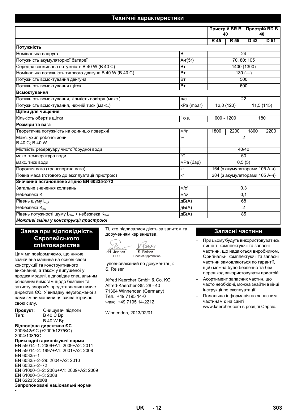 Технічні характеристики, Запасні частини | Karcher B 60 W User Manual | Page 303 / 308